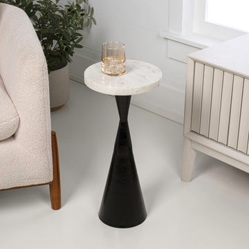 Ziggy 22" Contemporary Designer Metal Drink Table and Decorative End Table with White Marble Round Top and Cone Pedestal Base